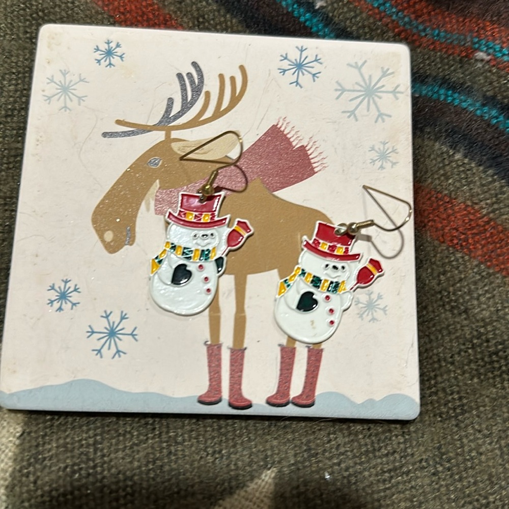 Holiday snowman metal enamel dangle earrings